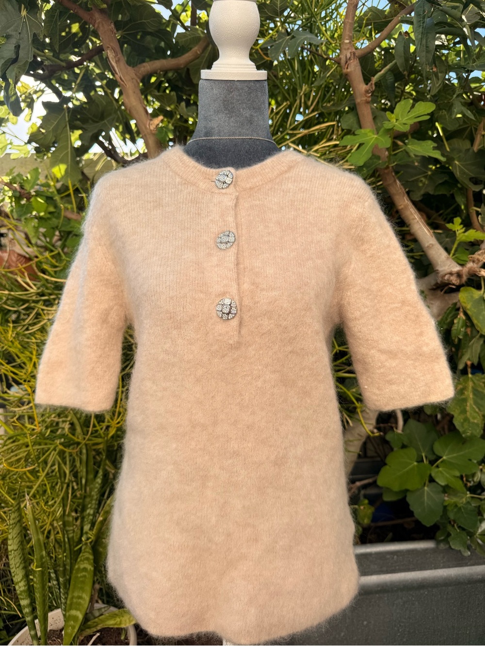 Soft Beige Fuzzy Knit blouse with Decorative Buttons